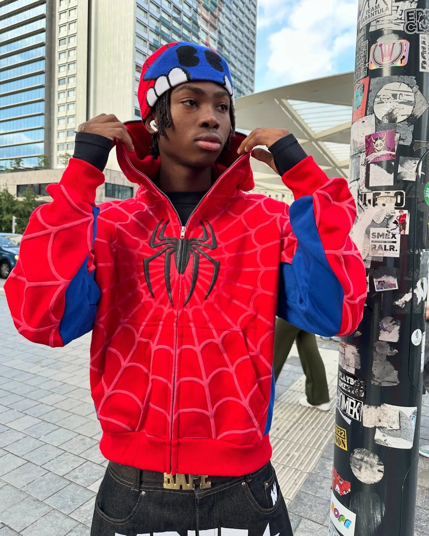 Grey Black Gothic Big Spider Pattern Patchwork Hooded Pullover Y2k Retro Loose Men Women Hip Hop Hoodie Jacket Street Sweatshirt