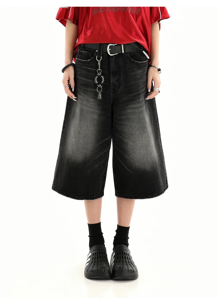 Retro Blue Knee Length Denim Shorts for Women Casual Bermuda Jeans Loose Wide Leg Pants Trendy Streetwear Summer Y2k 2025