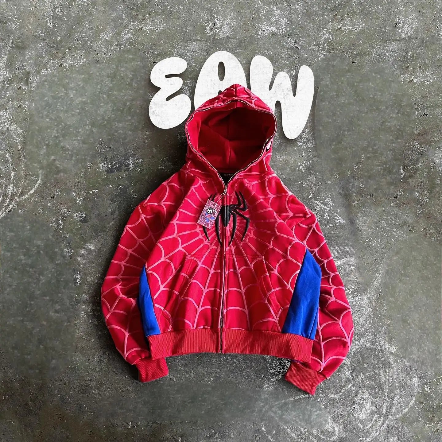 Grey Black Gothic Big Spider Pattern Patchwork Hooded Pullover Y2k Retro Loose Men Women Hip Hop Hoodie Jacket Street Sweatshirt