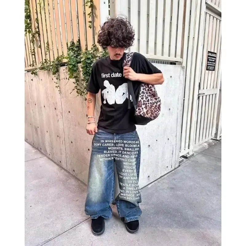 blue jeans vintage Fashion Y2K Wideleg pants Harajuku Hip Hop Streetwear Letter Printing Jeans Gothic black baggy casual pants