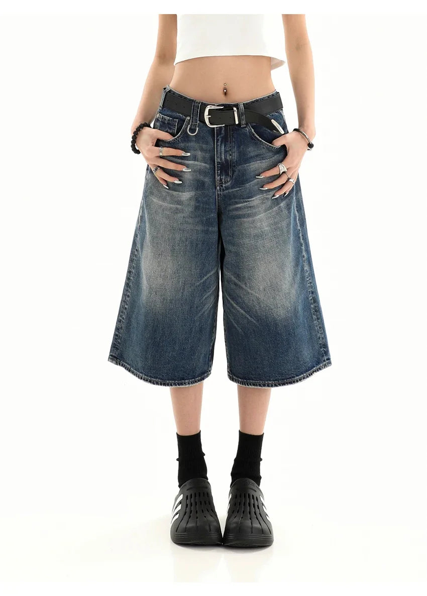 Retro Blue Knee Length Denim Shorts for Women Casual Bermuda Jeans Loose Wide Leg Pants Trendy Streetwear Summer Y2k 2025