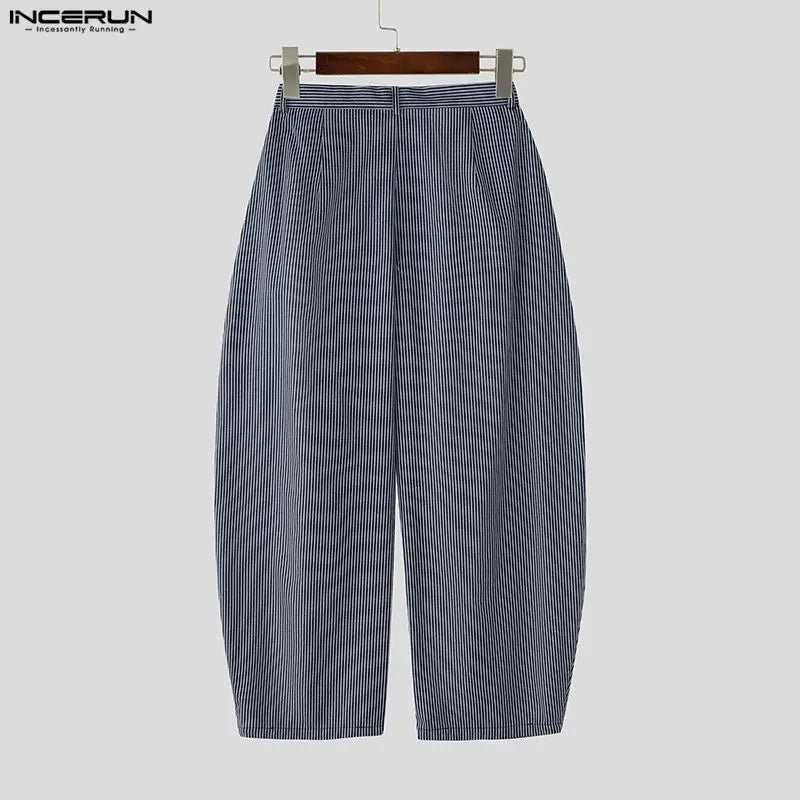 INCERUN Men Striped Pants Joggers Button Oversize Pleated Casual Wide Leg Trousers Men Streetwear Fashion Leisure Male Pants