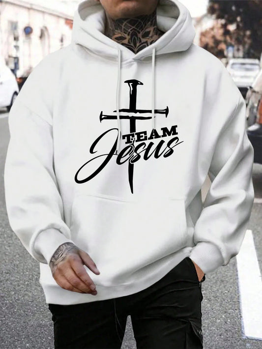 Team Jesus Letter Design Printing Men's Sweatshirt Fashion Warm Hooded Casual Pocket Hoodies Autumn Loose Streetwear