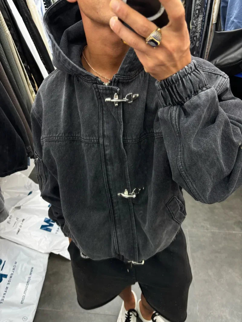 New Street Punk Clothing Fashion Metal Buttonoversized Hoodies Men Y2K American Retro Gothic Trendy Brand Casual Zipper Hoodie