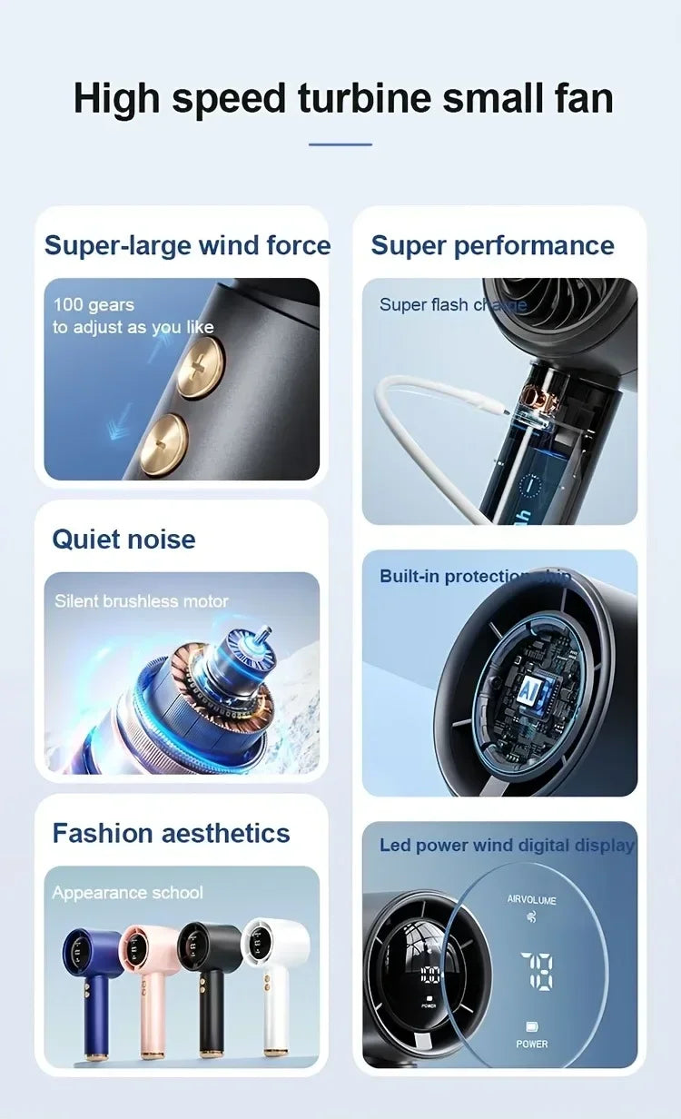 High Speed Portable Turbo Fan Cooler Fan 100-Speed Adjustment High-Speed Fan Handheld Fan Mini Fan 100-Level Adjustment Portable