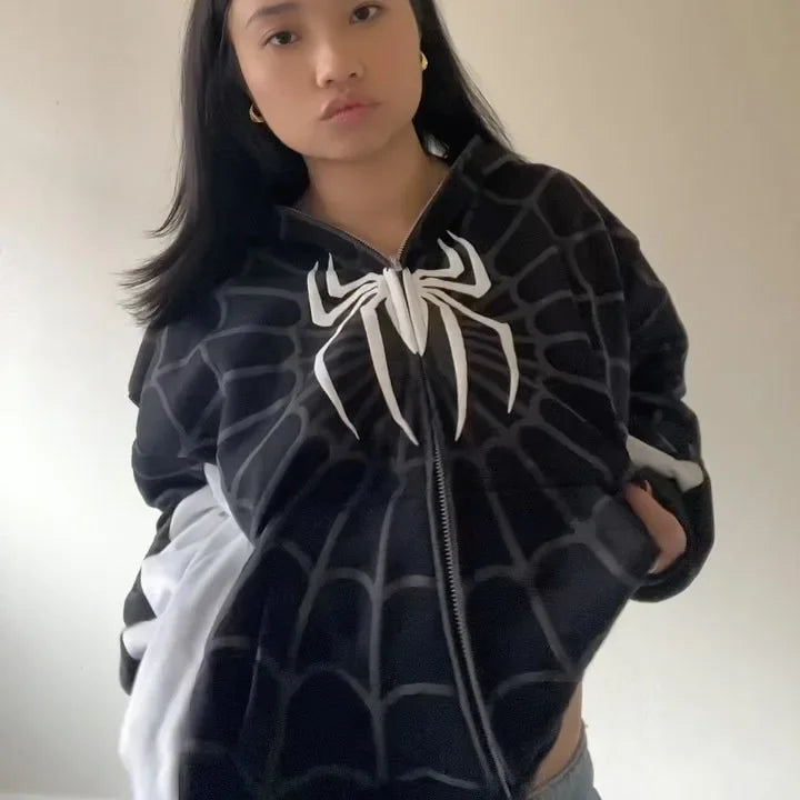 Grey Black Gothic Big Spider Pattern Patchwork Hooded Pullover Y2k Retro Loose Men Women Hip Hop Hoodie Jacket Street Sweatshirt