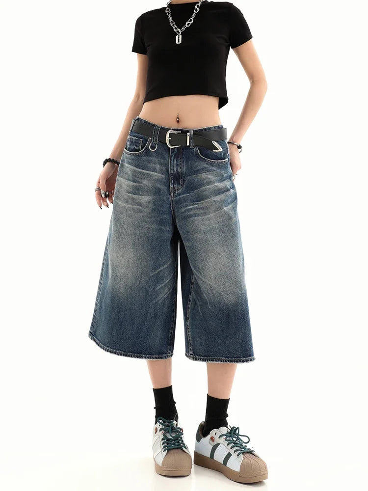 Retro Blue Knee Length Denim Shorts for Women Casual Bermuda Jeans Loose Wide Leg Pants Trendy Streetwear Summer Y2k 2025