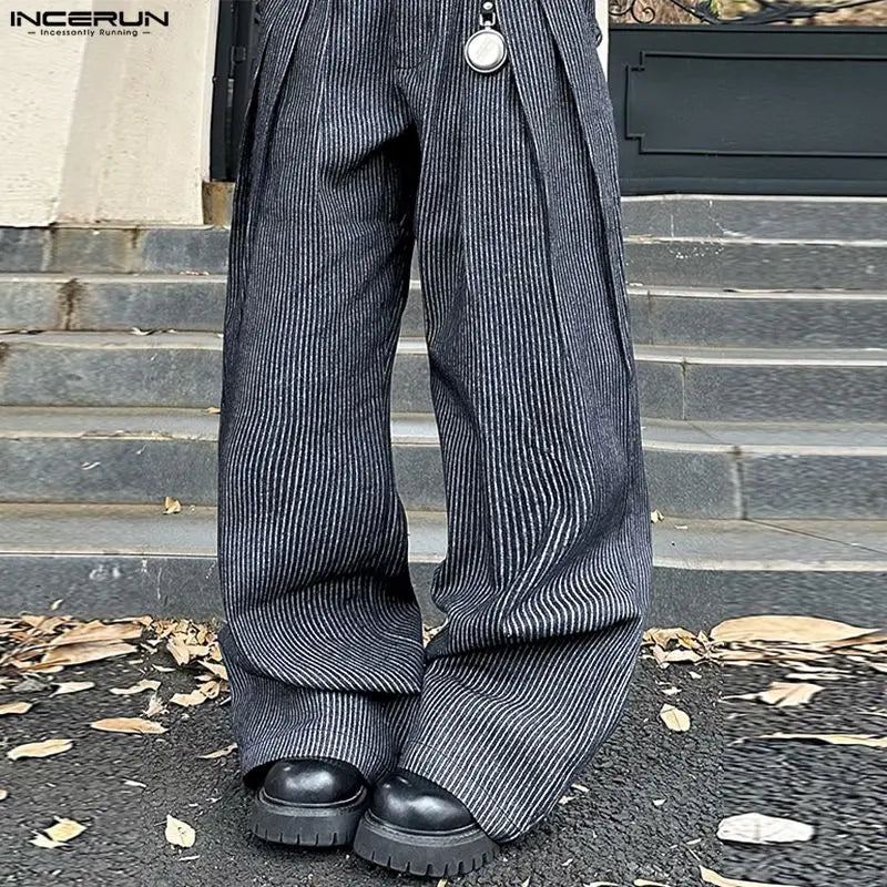 INCERUN Men Striped Pants Joggers Button Oversize Pleated Casual Wide Leg Trousers Men Streetwear Fashion Leisure Male Pants