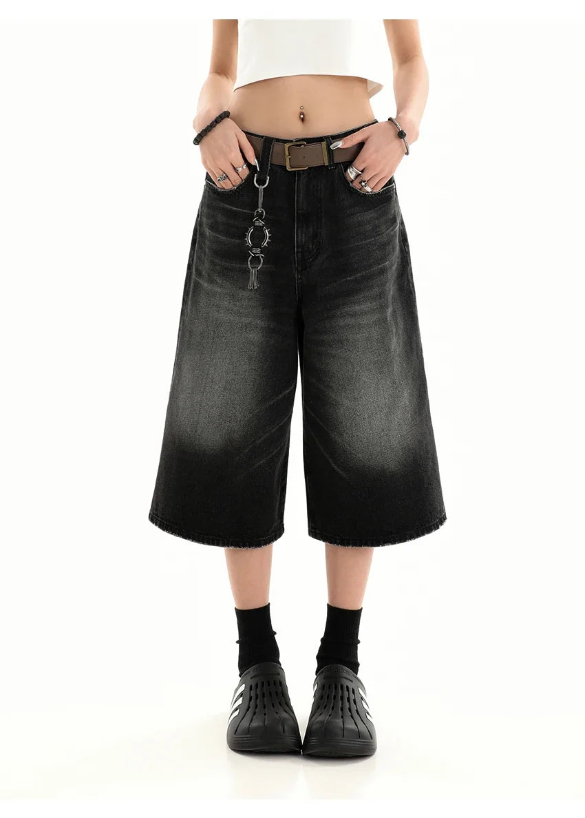 Retro Blue Knee Length Denim Shorts for Women Casual Bermuda Jeans Loose Wide Leg Pants Trendy Streetwear Summer Y2k 2025