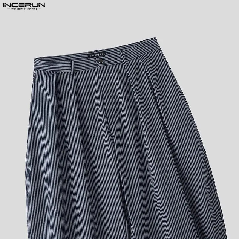 INCERUN Men Striped Pants Joggers Button Oversize Pleated Casual Wide Leg Trousers Men Streetwear Fashion Leisure Male Pants