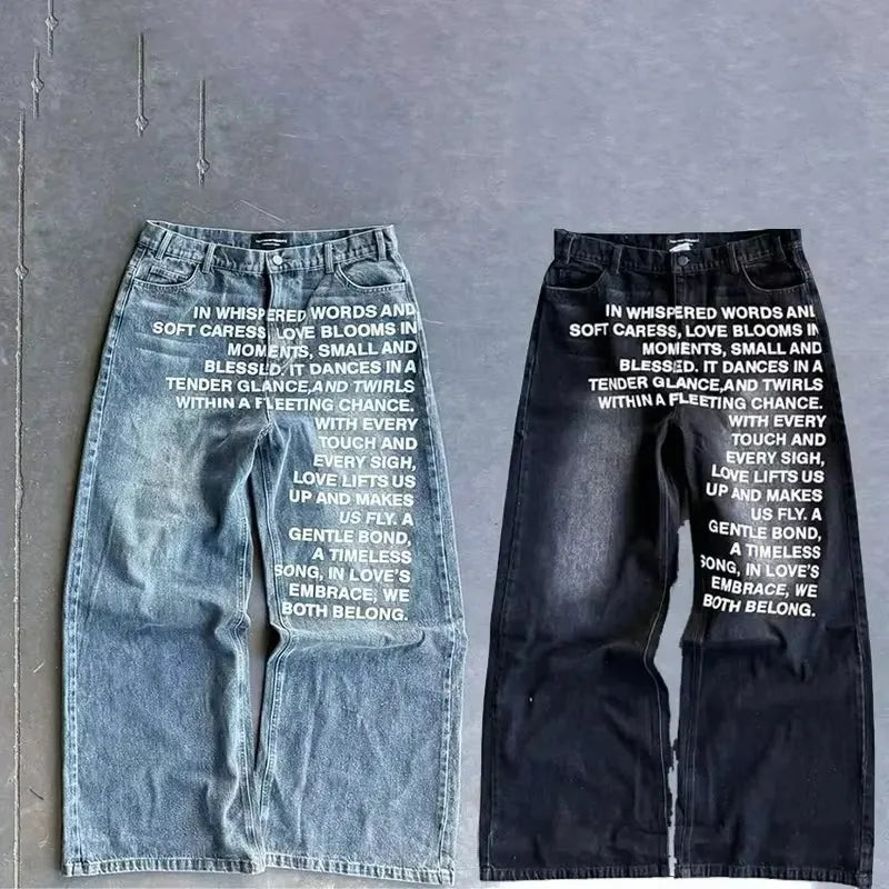 blue jeans vintage Fashion Y2K Wideleg pants Harajuku Hip Hop Streetwear Letter Printing Jeans Gothic black baggy casual pants