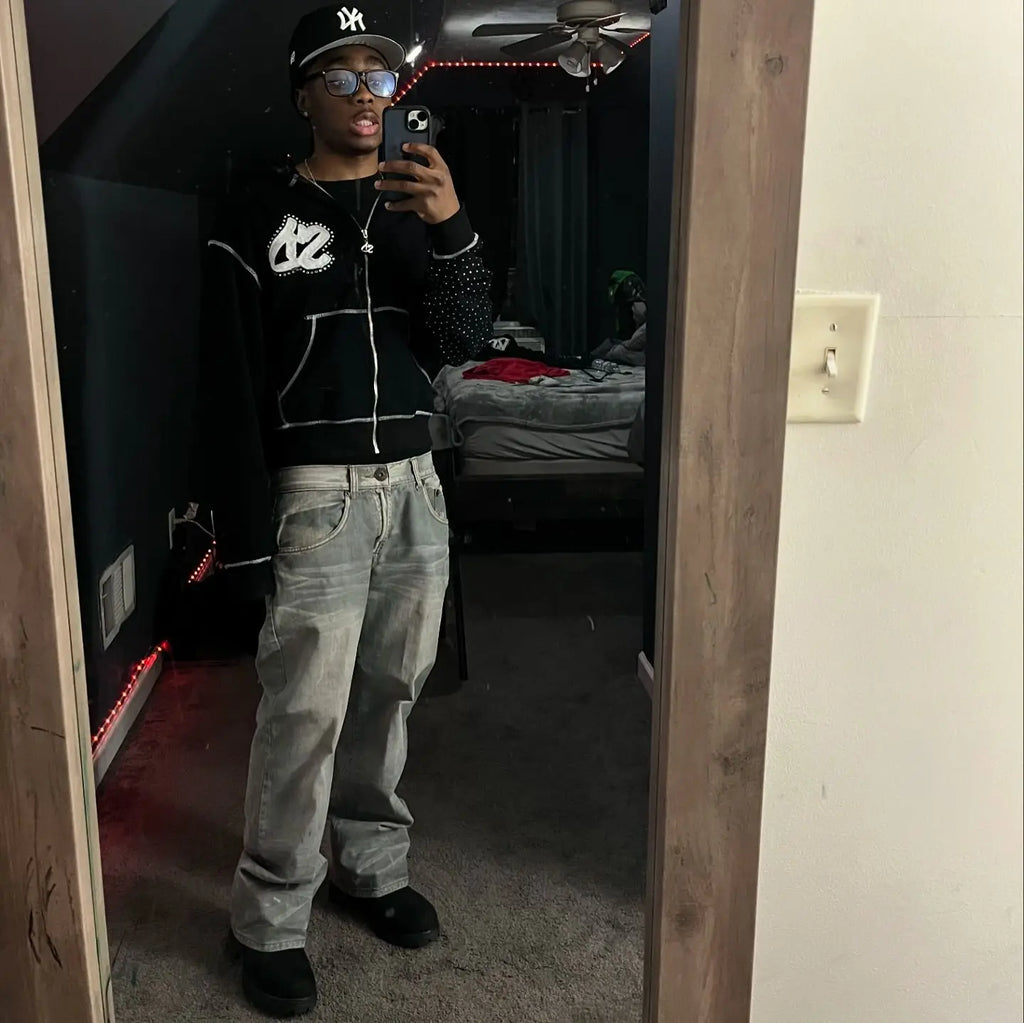 American Fashion Embroidery Personality Flash Diamond Oversize Zipper Hoodie Men Y2K New Harajuku Gothic Casual Joker Sweatshirt