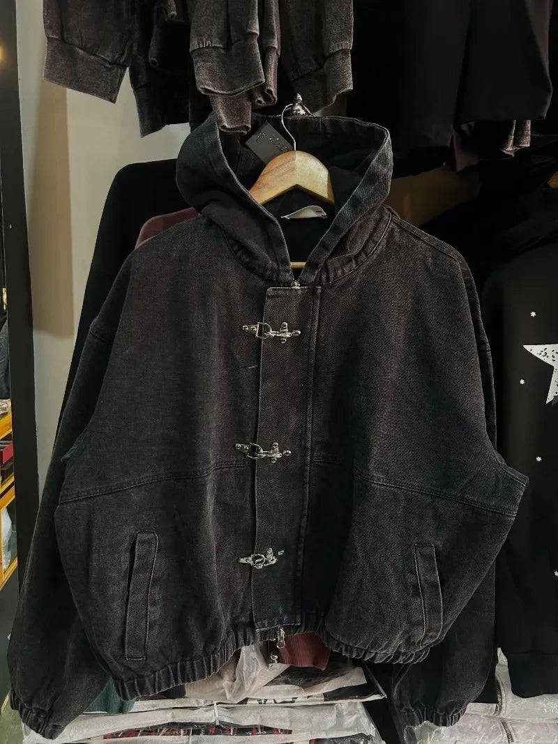 New Street Punk Clothing Fashion Metal Buttonoversized Hoodies Men Y2K American Retro Gothic Trendy Brand Casual Zipper Hoodie