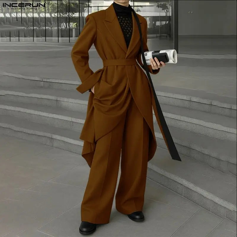 INCERUN Men Sets Solid Color Lace Up Long Sleeve Long Style Blazer & Pants Two Pieces Sets Streetwear Loose Casual Men's Suits