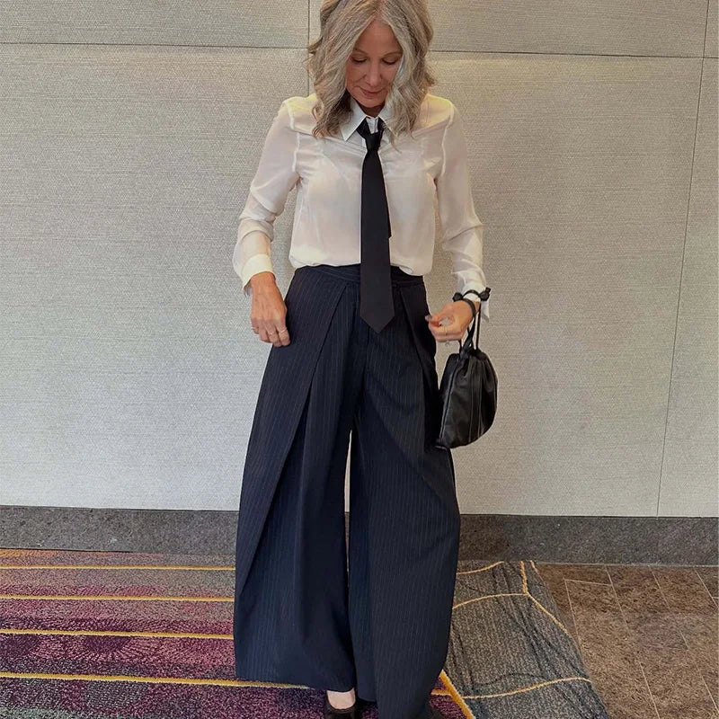 HXAO Women's Pants Baggy Wide Pants For Woman Minimalist Pleated Stripe Casual Pants Women Office Green Oversize Suit Trousers