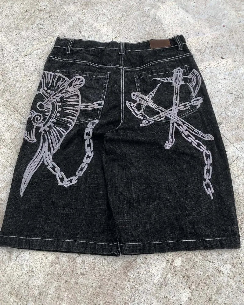 Street Hip-hop Personalized Pattern Fashionable Versatile Jeans Men American Harajuku Retro Casual Loose Straight Shorts Women