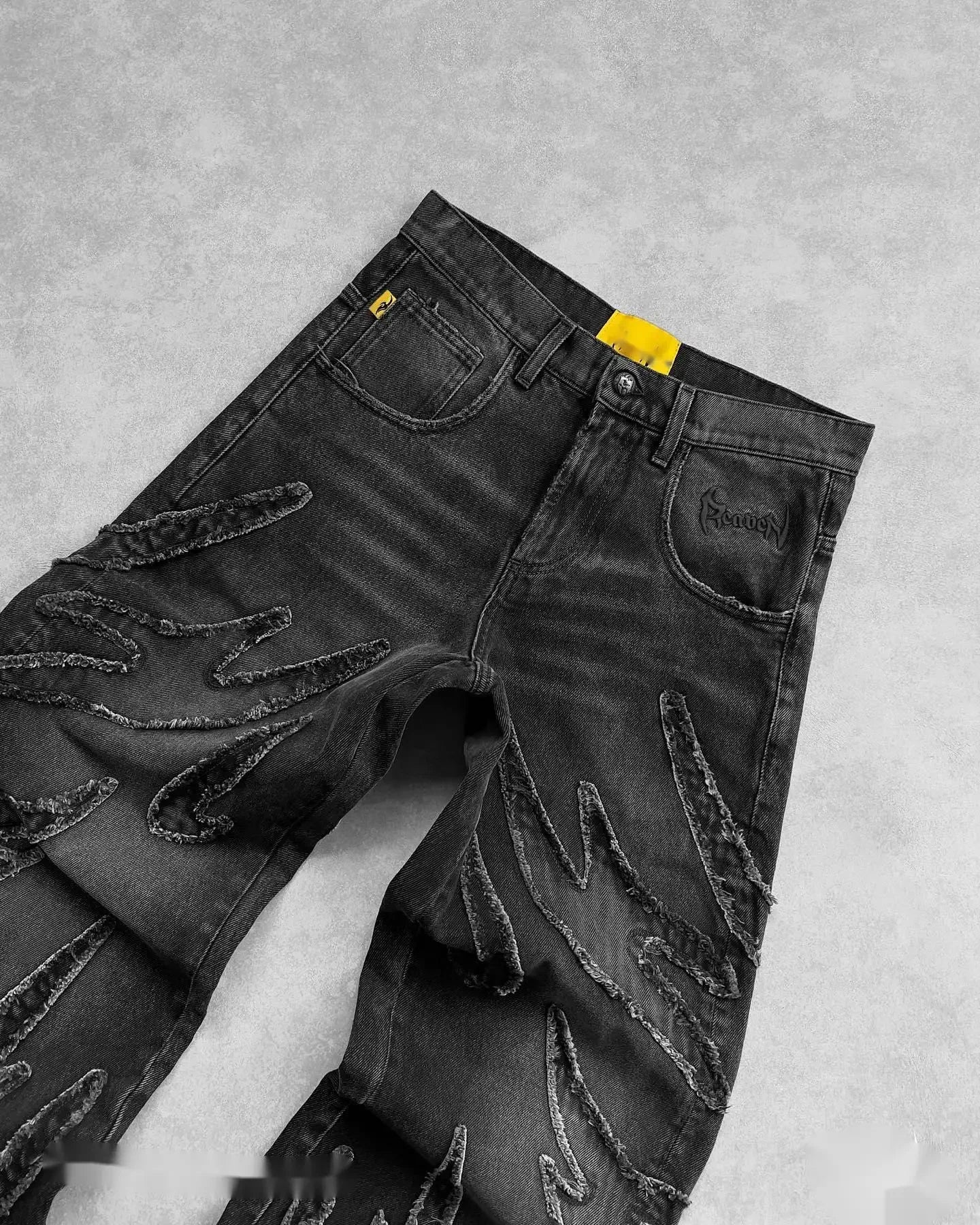 Y2k Retro Gothic Streetwear Raw Edge Embroidery Patchwork Baggy Jeans Men Fashion Hip Hop High Waist Denim Pants Ripped Jeans