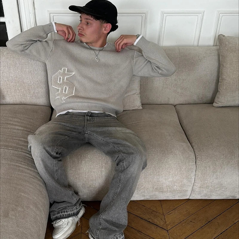 2 pcs Set Y2K Autumn Winter Retro Knitted Sweater Jeans Suit Trendy Hip Hop Dollar Logo Embroidery Streetwear Unisex Baggy Set