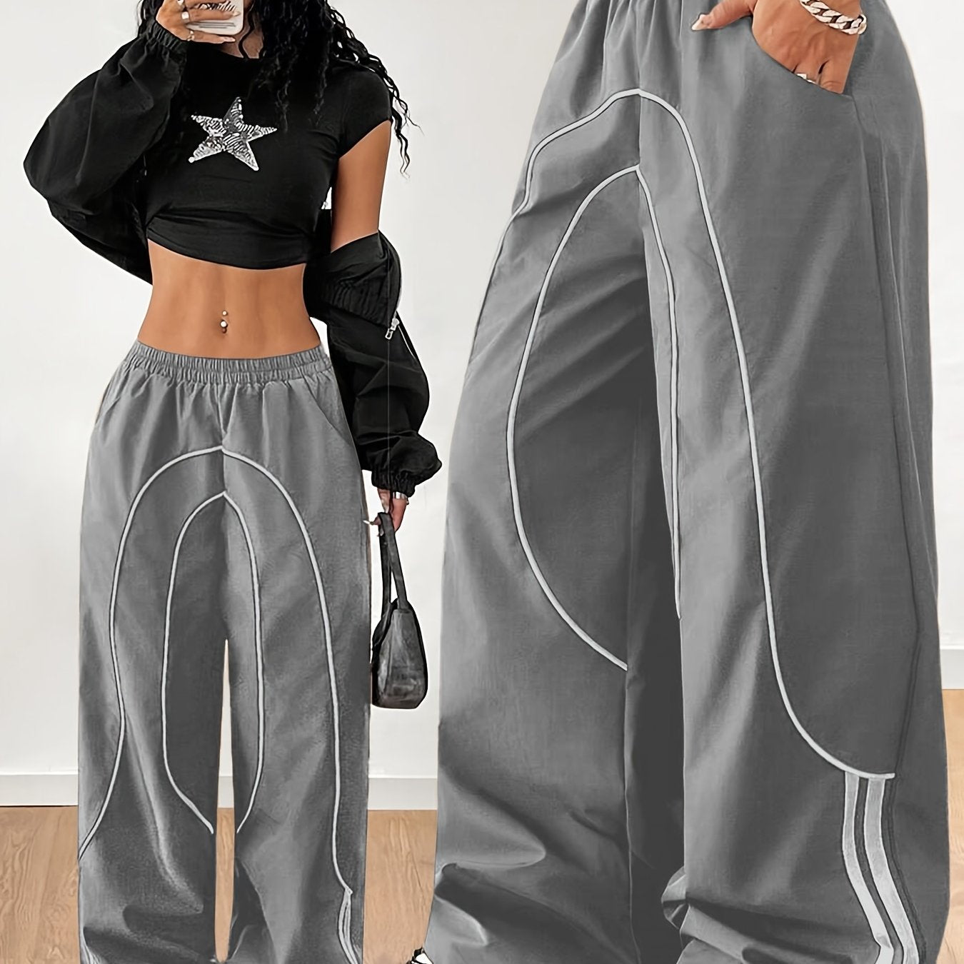2025 New Fashion for : Back to Braided Belt, Black Wide-Leg Jogging Pants, Celebrity Style Hot Item