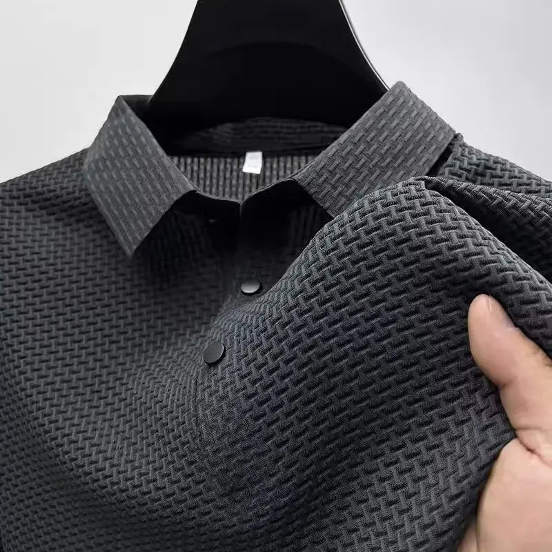 New Men's Business Casual Short Sleeved Bone Flower Solid Color POLO Shirt Fashion Breathable Comfortable Summer Versatile Top