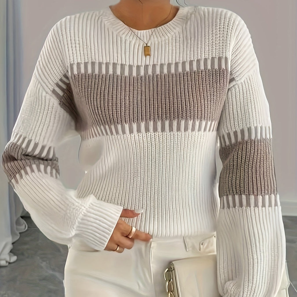 Women'S Sweater - Long Sleeve Round Neck Pullover Sweater with /Brown/ Horizontal Stripes, Drop Shoulder Design for Fall/Winter Layering