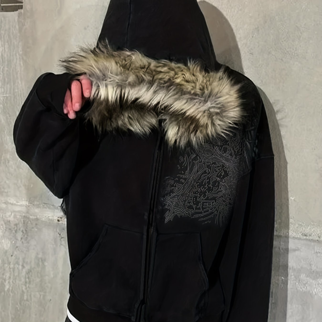 Y2K Streetwear Vintage Warm Cardigan Unisex Loose Hooded Sweatshirt Winter Fashion Furry Collar Hooded Sweatshirt Street Style Skull Print Zipper Hoodie Lucky Charm