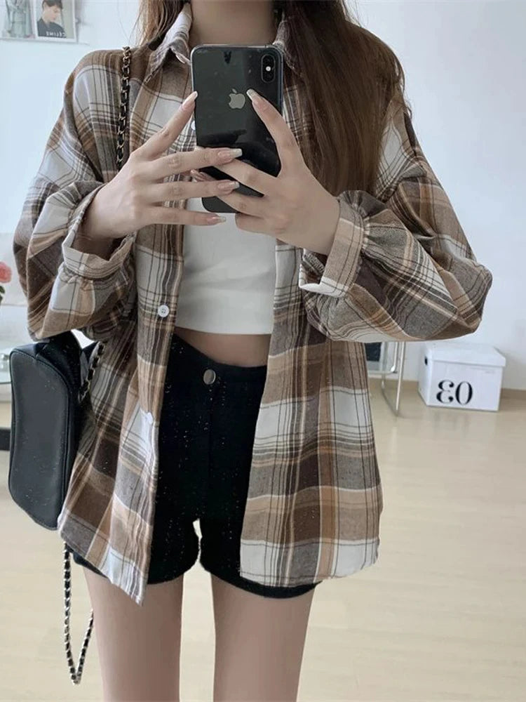 Plaid Shirt Women Fashion Autumn Long Sleeve Top Female Vintage Single Breasted Blouse Ladies Preppy Style Loose Check Shirts