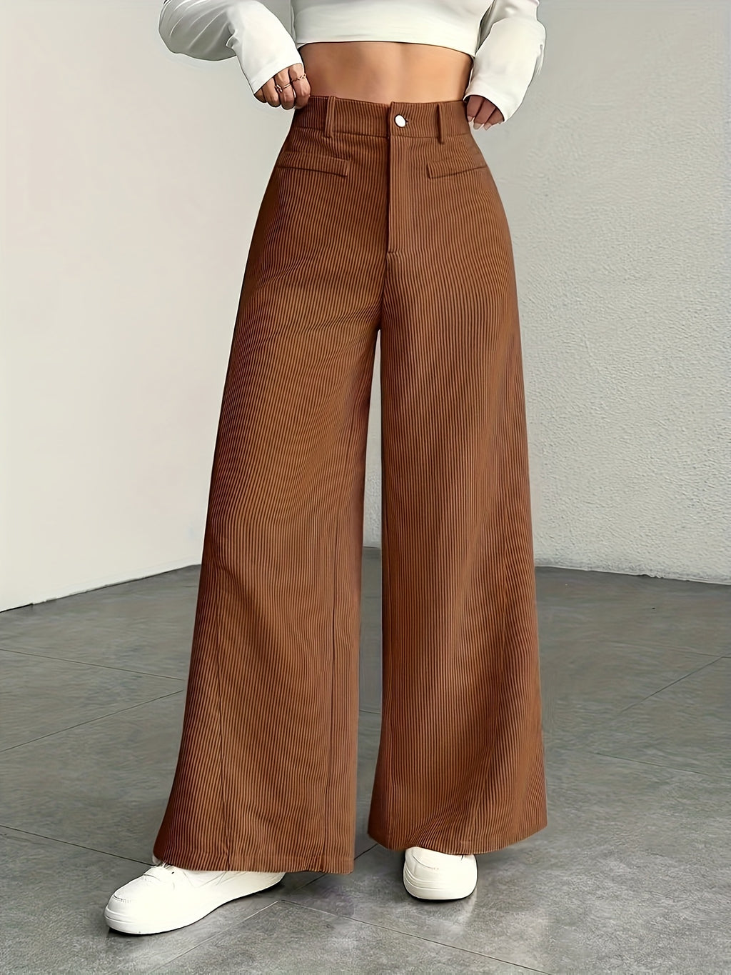 Women's High-Waisted Wide-Leg Pants - Corduroy Texture Casual Long Pants, All-Season Comfort, Machine Washable Beige Trousers