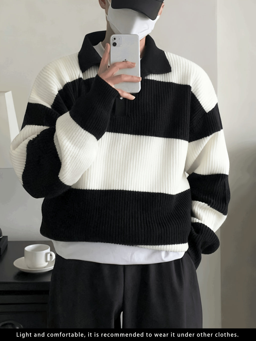 Men's American Street Korean Business Commuter Trendy Casual Versatile Striped Collar Pullover Knit Sweater