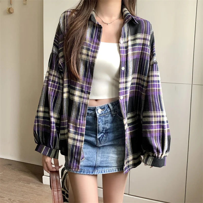 Plaid Shirt Women Fashion Autumn Long Sleeve Top Female Vintage Single Breasted Blouse Ladies Preppy Style Loose Check Shirts