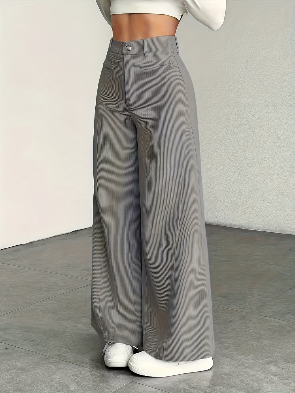 Women's High-Waisted Wide-Leg Pants - Corduroy Texture Casual Long Pants, All-Season Comfort, Machine Washable Beige Trousers